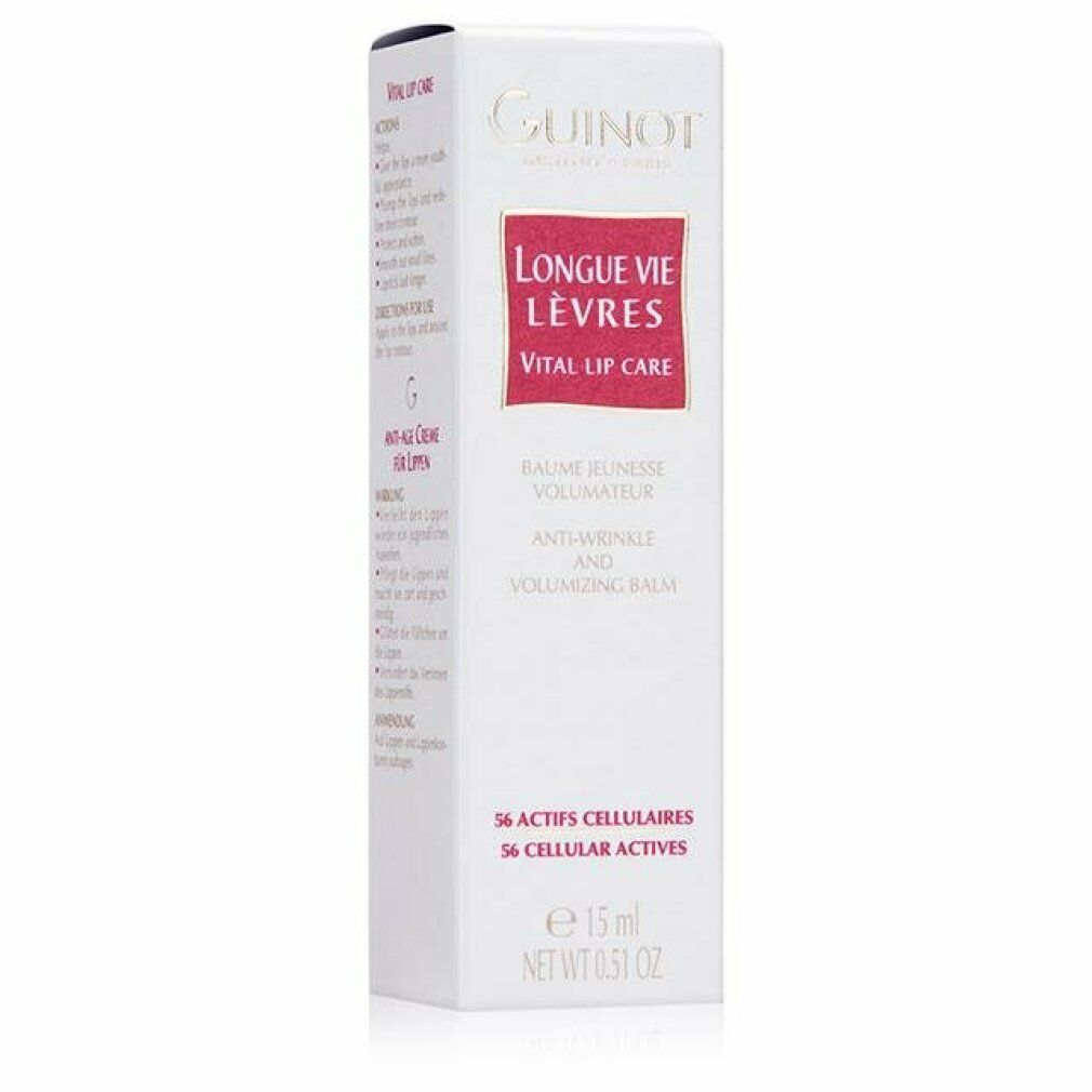 Emballage blanc avec Guinot, Longue Vie Lèvres, Vital Lip Care. Texte: Baume anti-rides. Contient 56 actifs cellulaires. 15 ml.