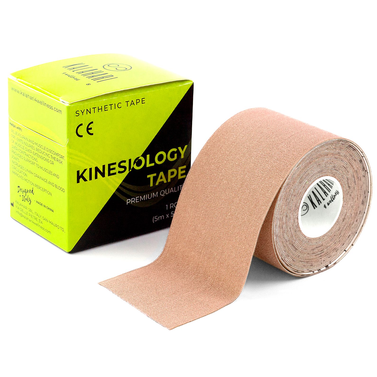 Kinesiologietape rol en kartonnen doos. CE-markering zichtbaar.