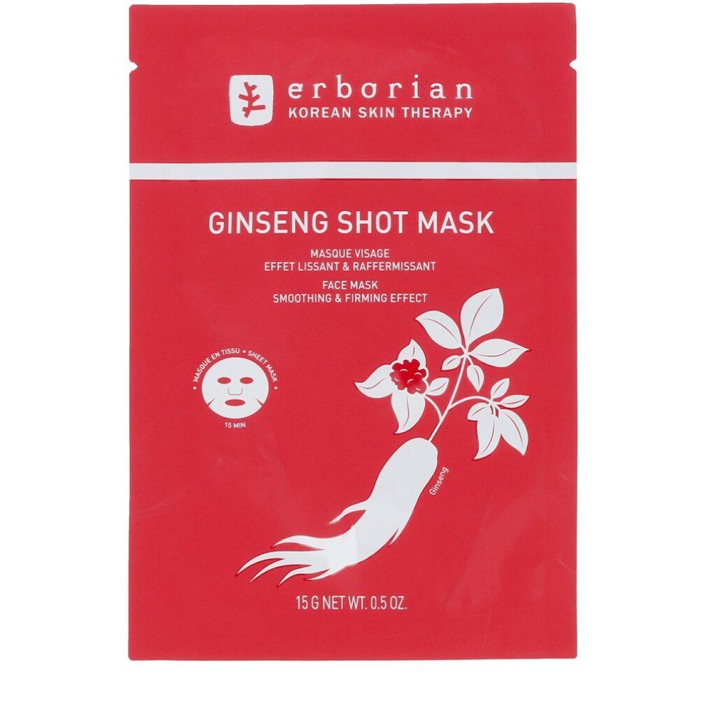 Rode verpakking van de Erborian Ginseng Shot Mask met ginseng-illustratie en productinformatie.