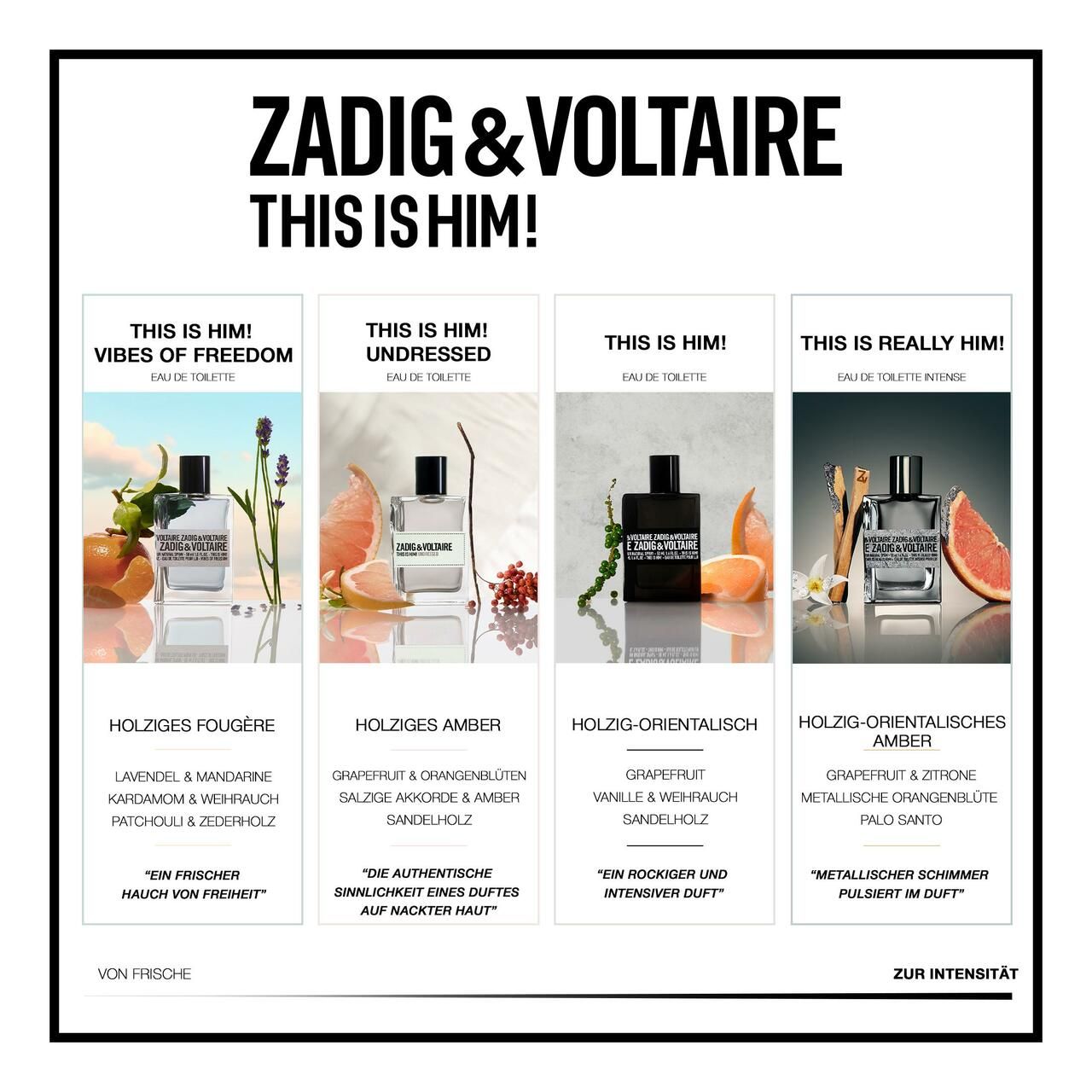 Zadig & Voltaire This is Him! EdT Nat. Spray. Vier geuren. Tekst met productnamen en ingrediënten.