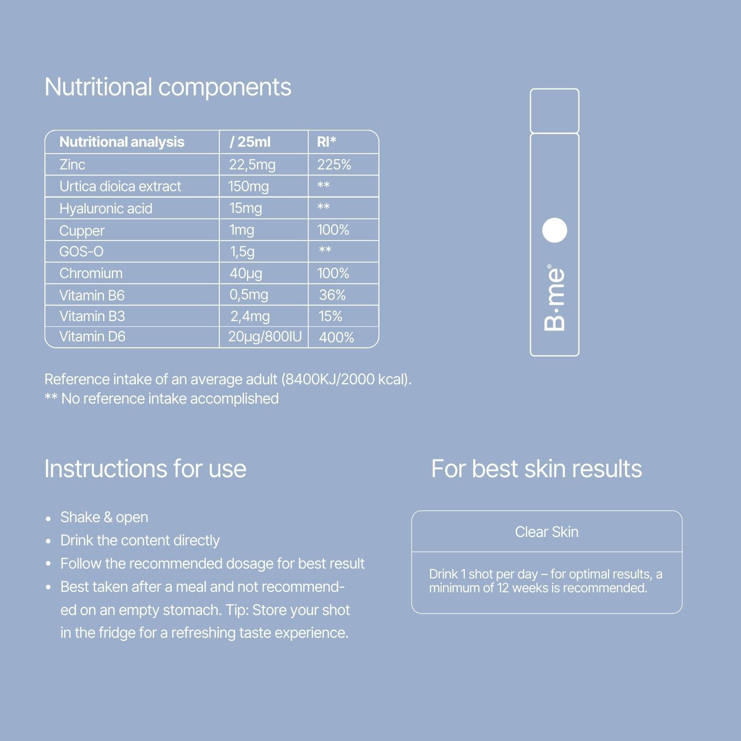 Voedingswaardetabel met ingrediënten en RI-waarden. Gebruiksaanwijzing en informatie voor de beste huidresultaten.
