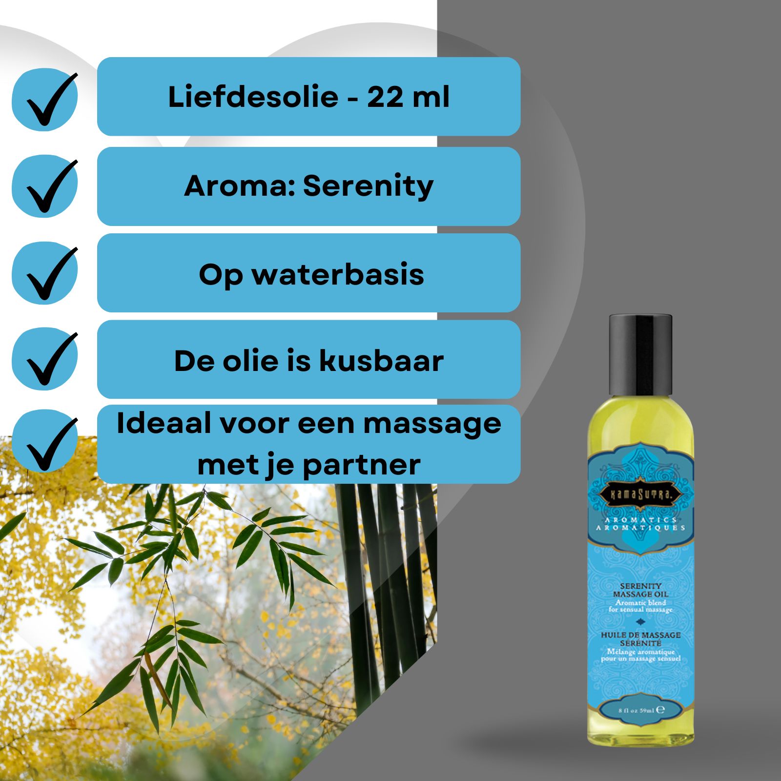 Liefdesolie Kamasutra Serenity, 22ml. Op waterbasis. Ideaal voor een massage met je partner. Fles ernaast.