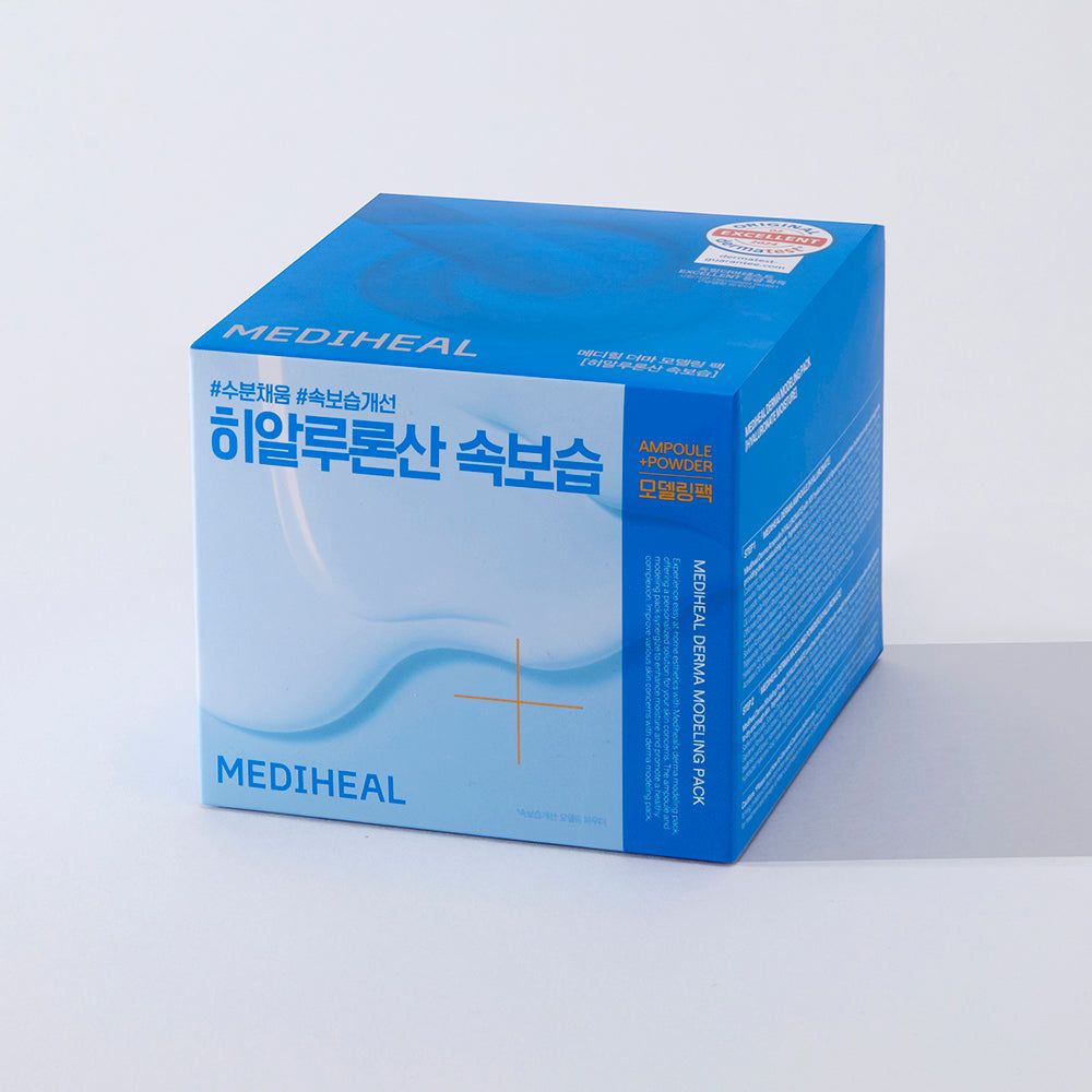 Blauwe en witte vierkante verpakking. MEDIHEAL-logo en Koreaanse tekst. Sticker met tekst.