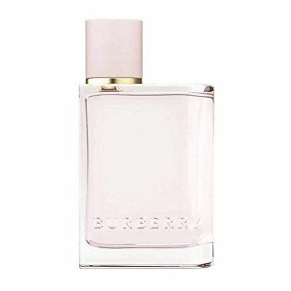 Flacon Burberry Her Eau de Parfum. Forme carrée, liquide rose, bouchon rose, anneau doré.