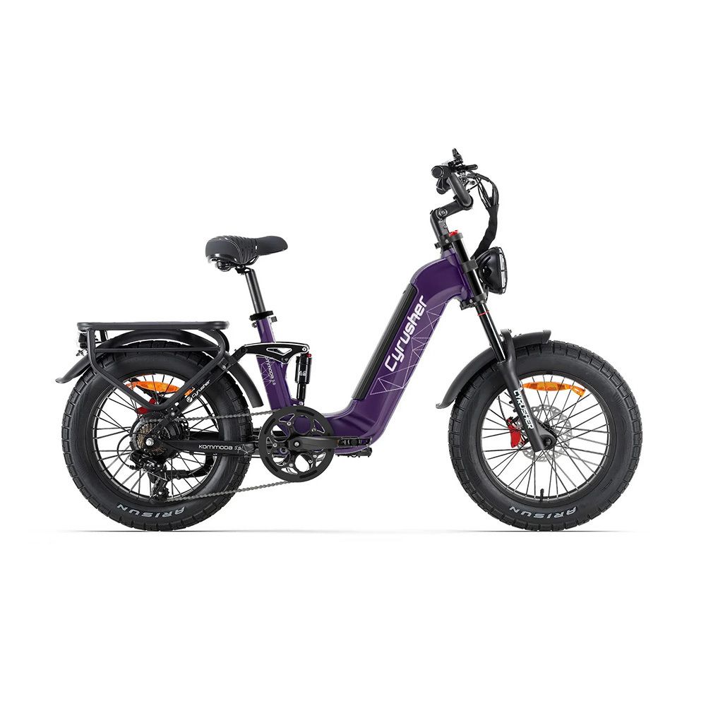 Paarse elektrische fiets met zwarte banden. Bagagerek, koplamp en Cyrusher-opschrift.