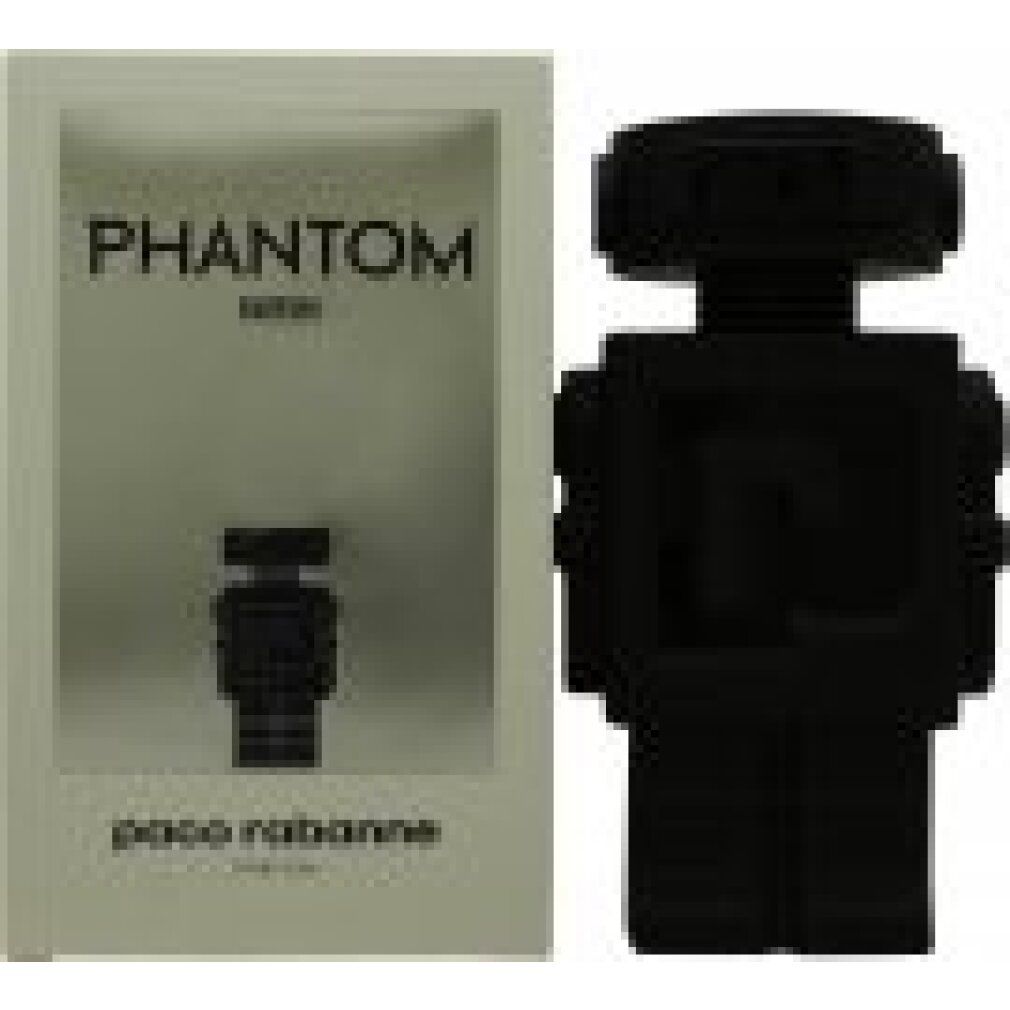 Emballage blanc avec l'inscription "Phantom" et "paco rabanne". Un flacon noir en forme de robot est représenté.