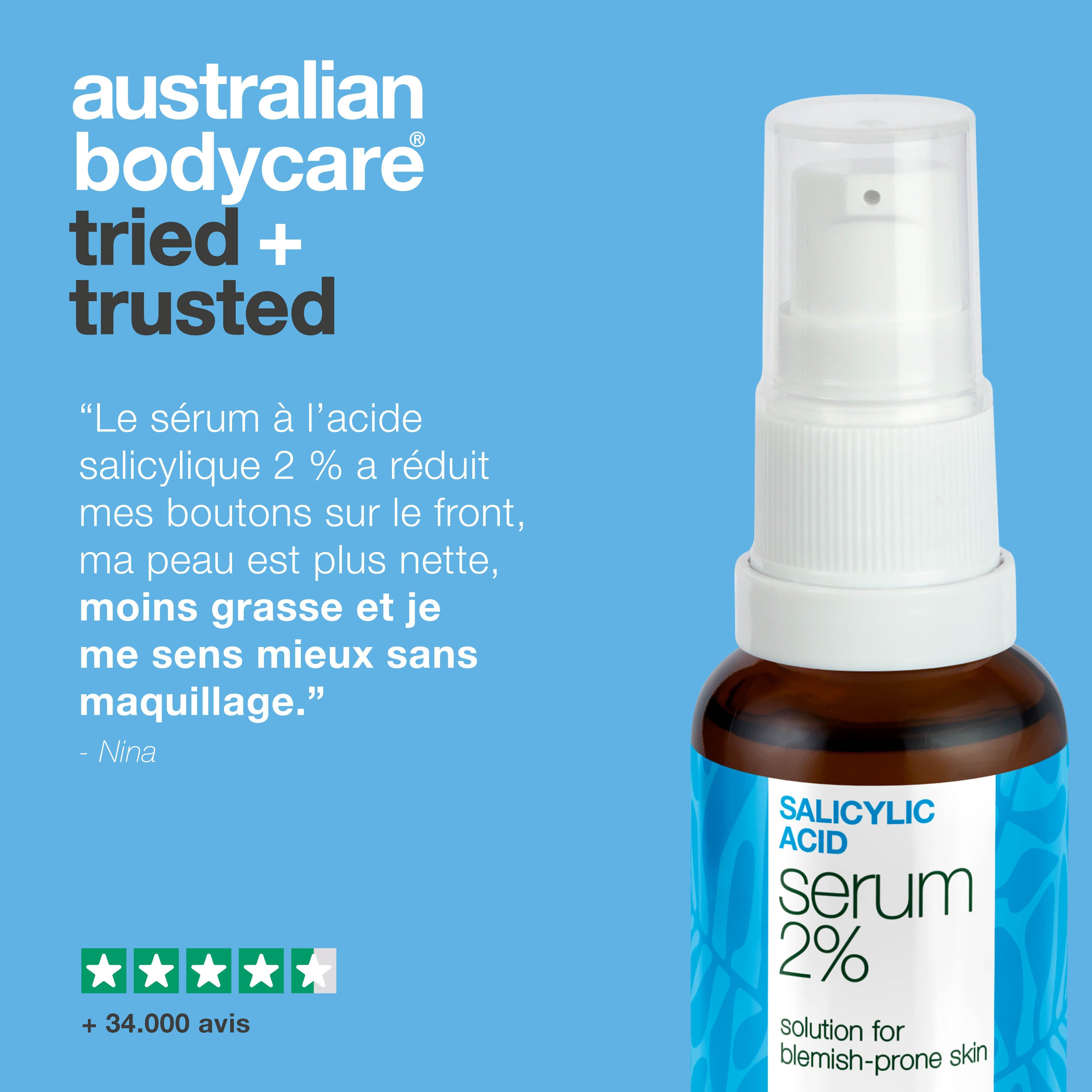 Flacon de sérum, texte : Salicylic Acid Serum 2%, australian bodycare. Texte : Testé et approuvé.