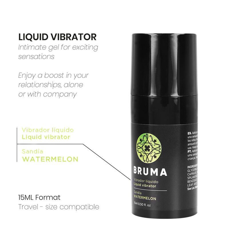 Bruma vloeibare vibrator met watermeloensmaak, 15ml. Reisformaat.
