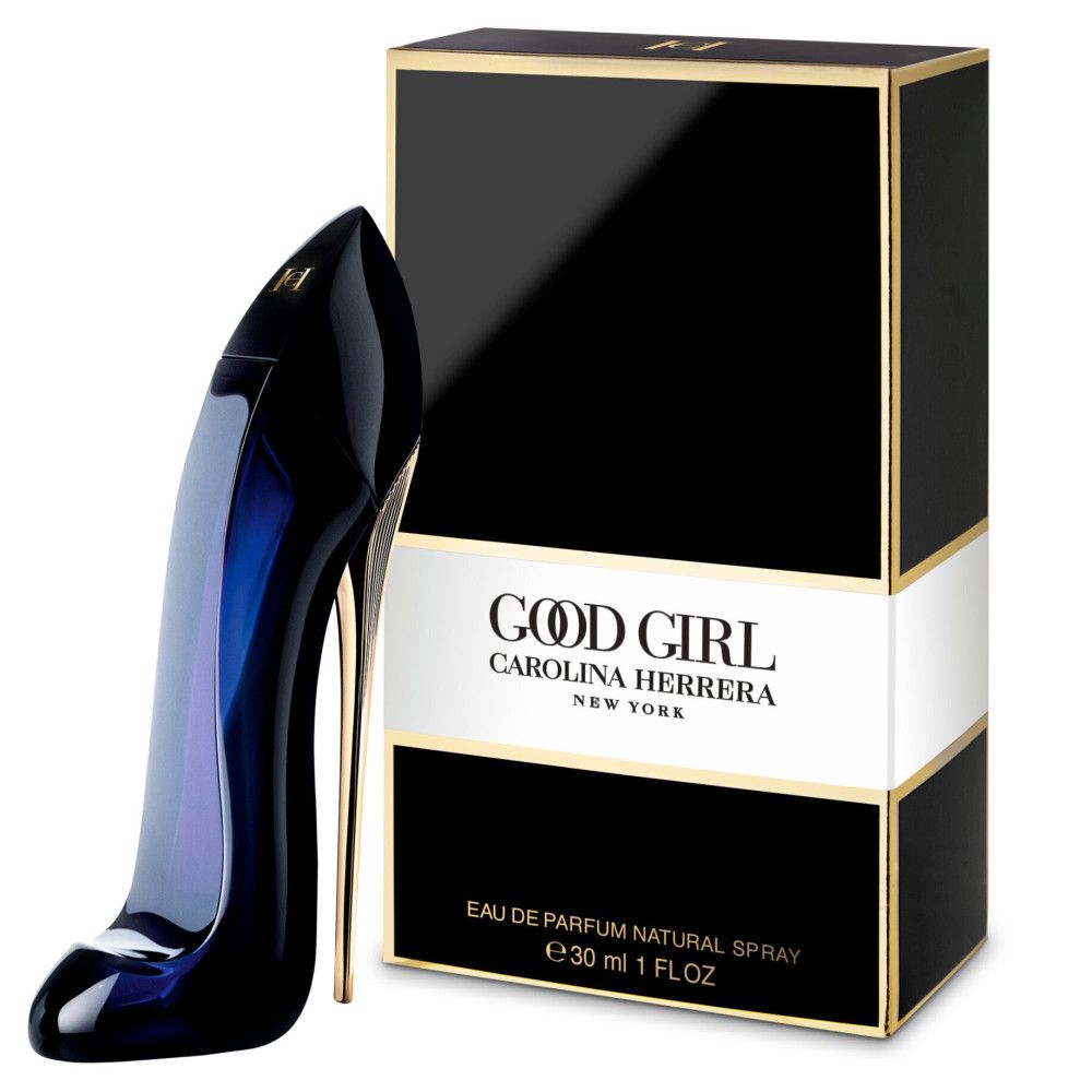 Flacon bleu en forme d'escarpin et emballage noir. Détails dorés. Inscription: Good Girl, Carolina Herrera.