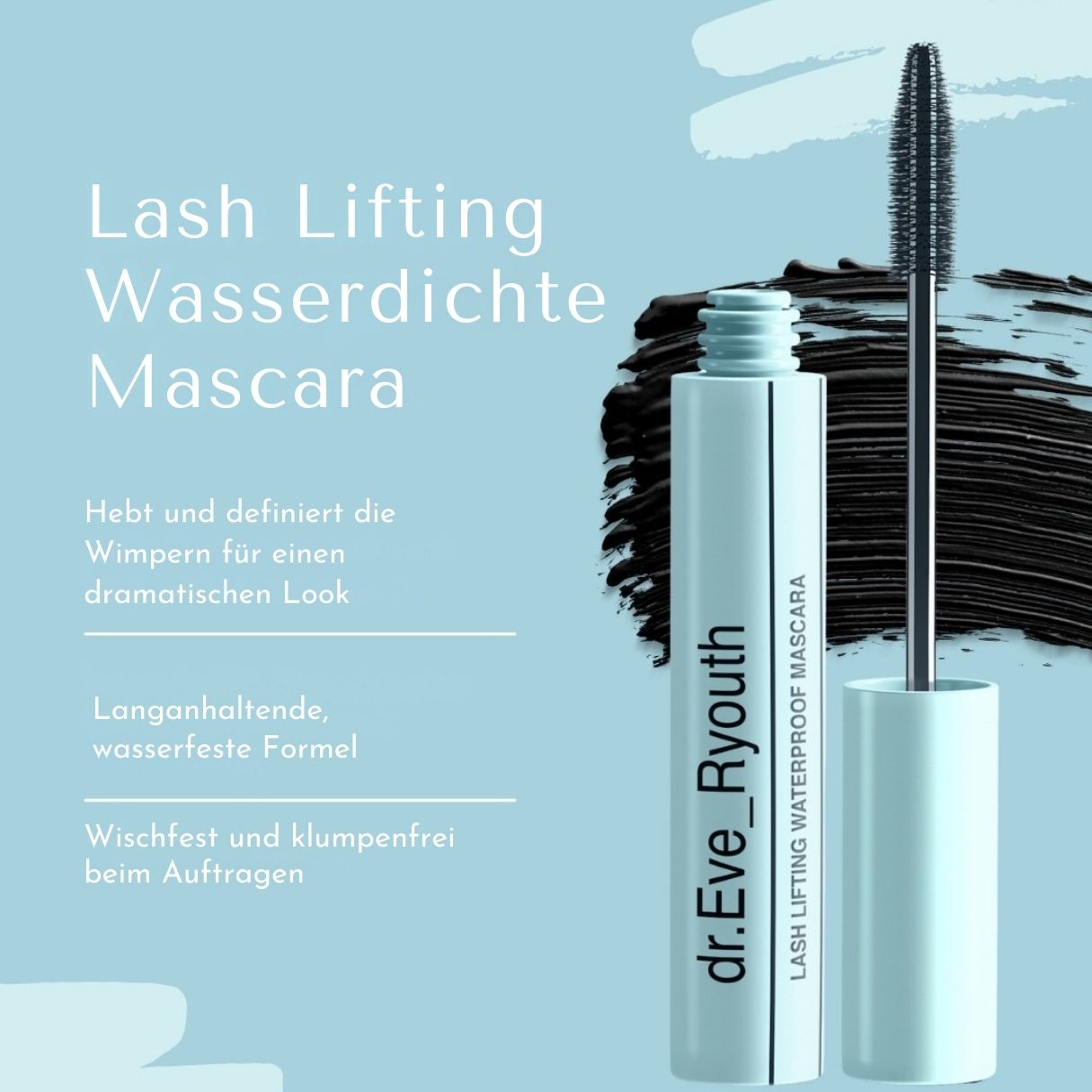 Mascara flacon en borsteltje met zwarte textuur. Tekst: 'Lash Lifting Wasserdichte Mascara'.