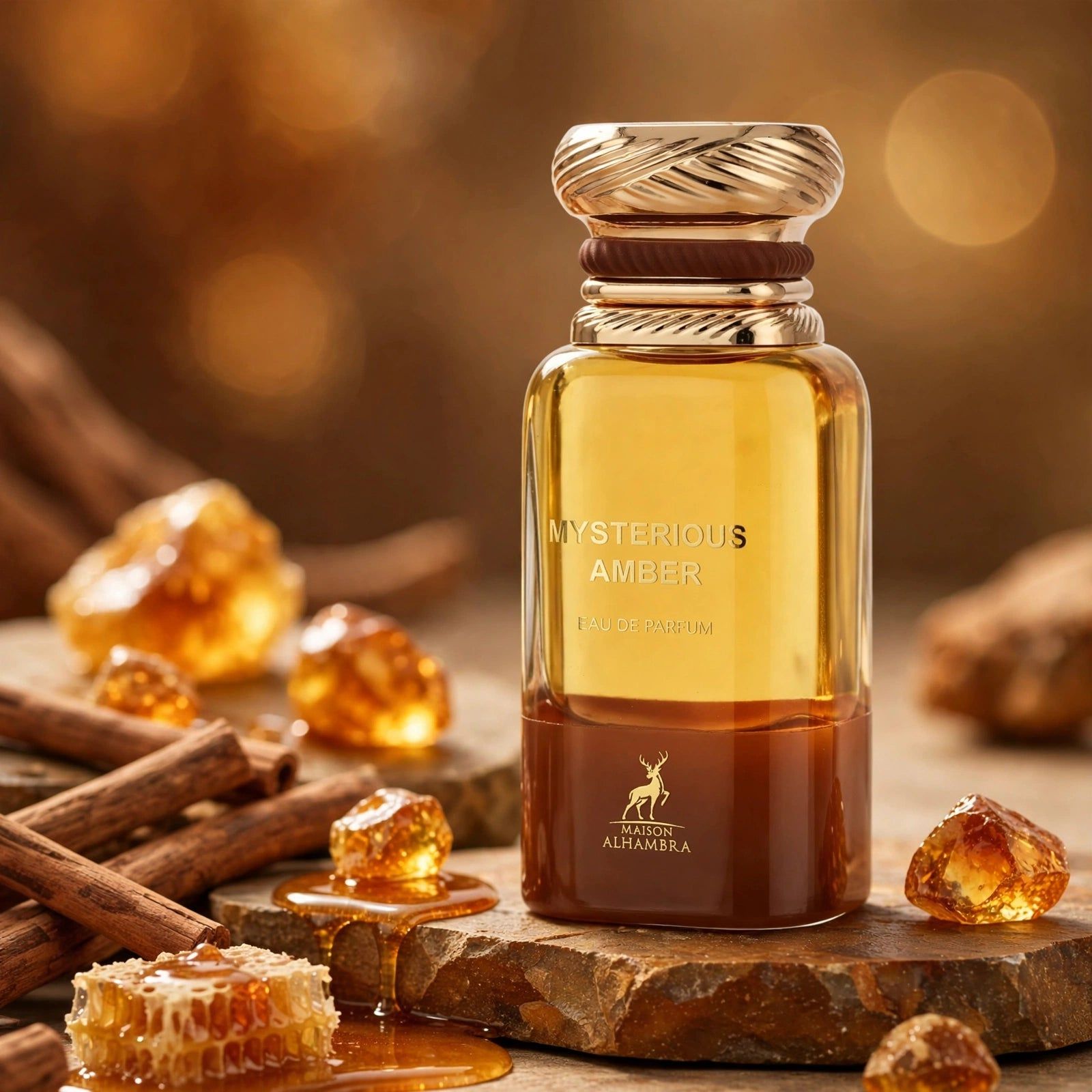 Flacon de parfum avec liquide jaune et brun, entouré de bâtons de cannelle et de rayons de miel.
