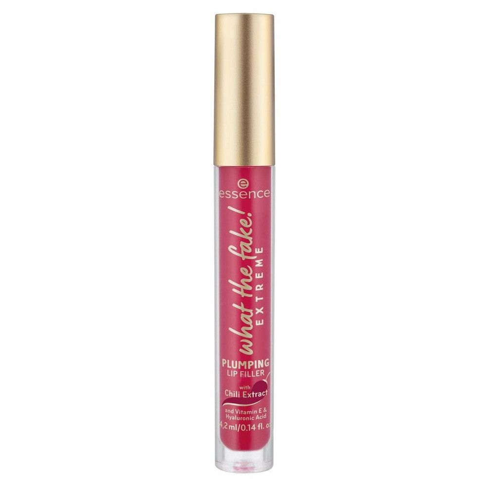 Tube de gloss avec bouchon doré. Contenu rose visible. Inscription : What The Fake! Extreme. Marque : Essence.