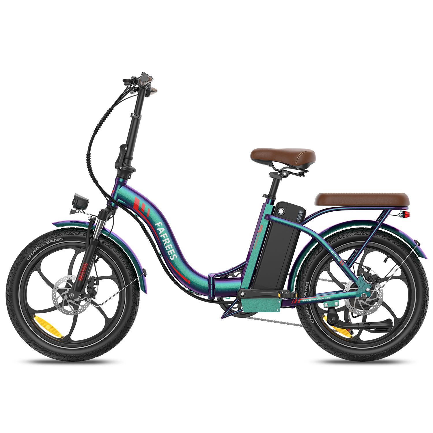 Opvouwbare e-bike, blauw-groen, bruin zadel en bagagedrager. Zwarte banden, velgen en accu. Merk FAFREES.