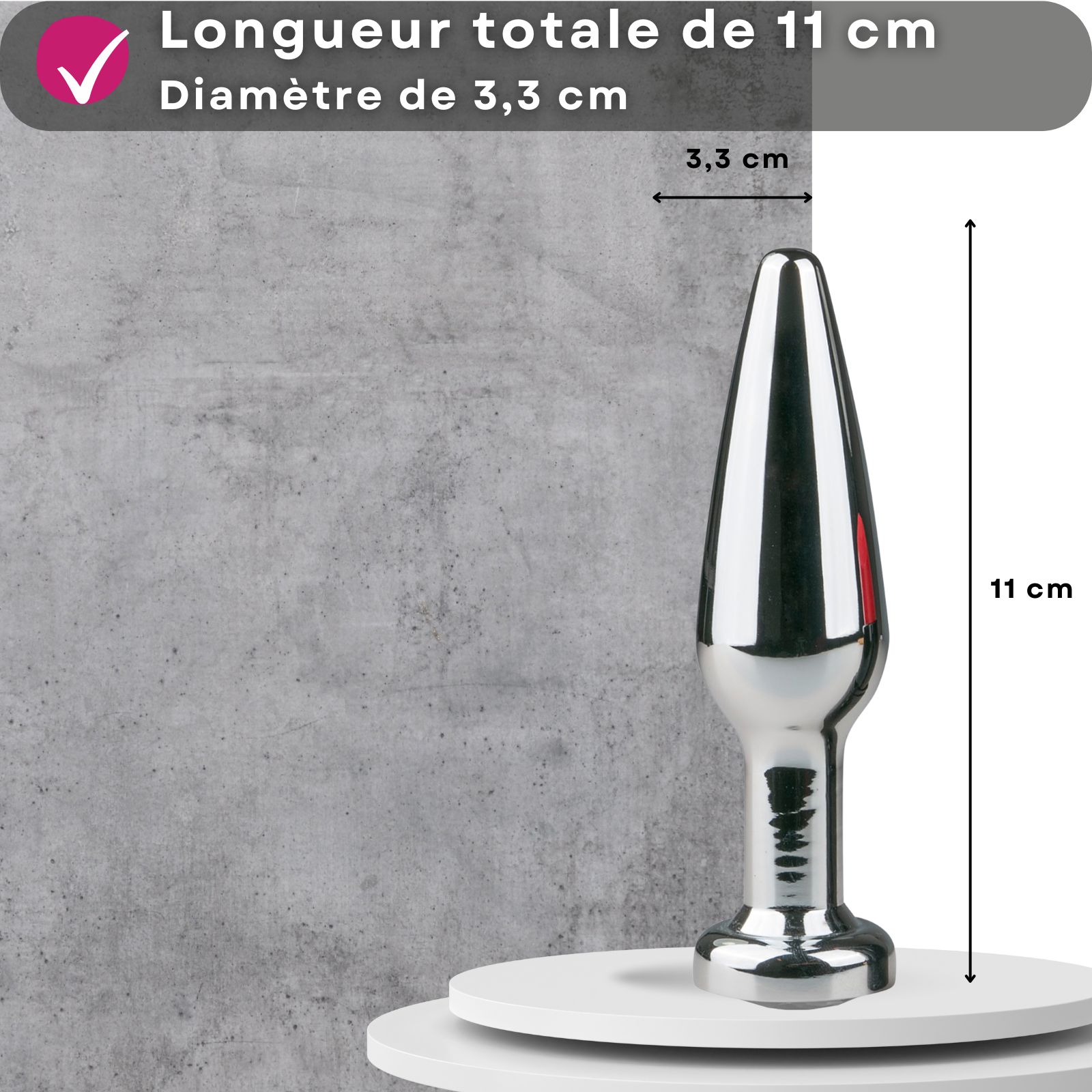 Image du produit avec texte. Plug anal conique, argent, 11 cm, en métal.