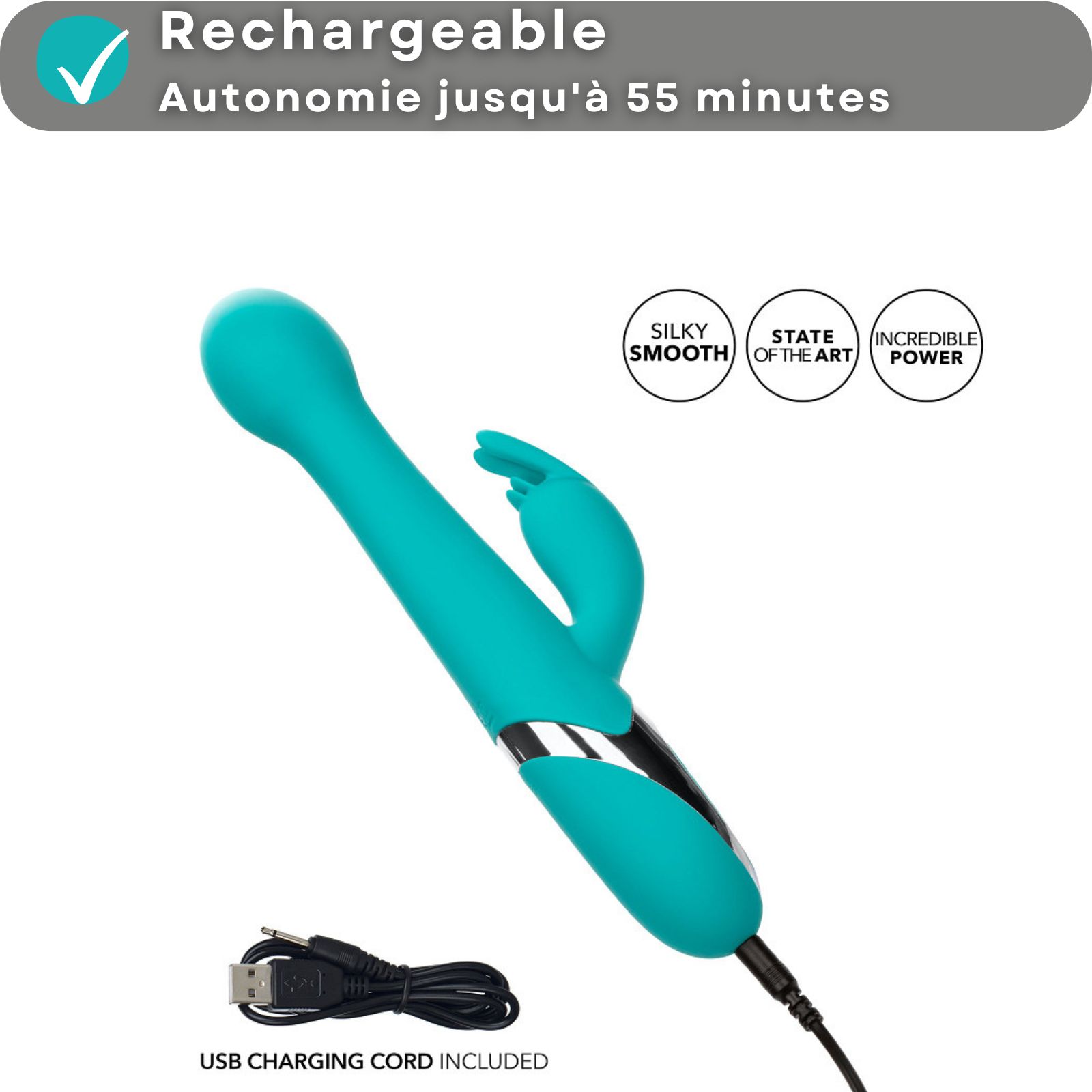 Vibrateur turquoise, forme incurvée. Texte: Vibrateur rotatif, 4 options de rotation.