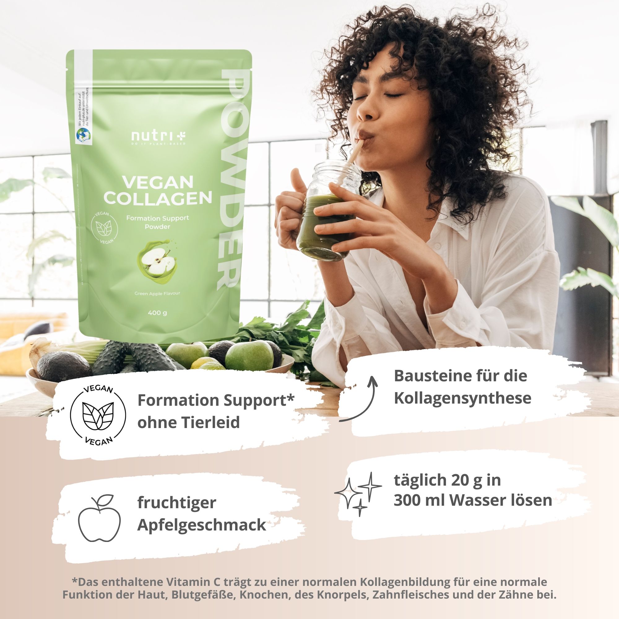 Femme buvant une boisson verte. À côté : sachet "VEGAN COLLAGEN". Texte : Formation Support, sans souffrance animale. Goût pomme.