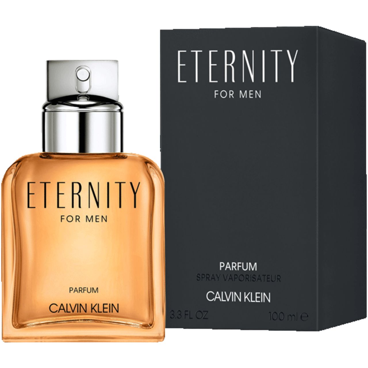 Parfumfles en zwarte doos. Fles: vierkant, amberkleurig glas. Doos: Eternity For Men, Calvin Klein.