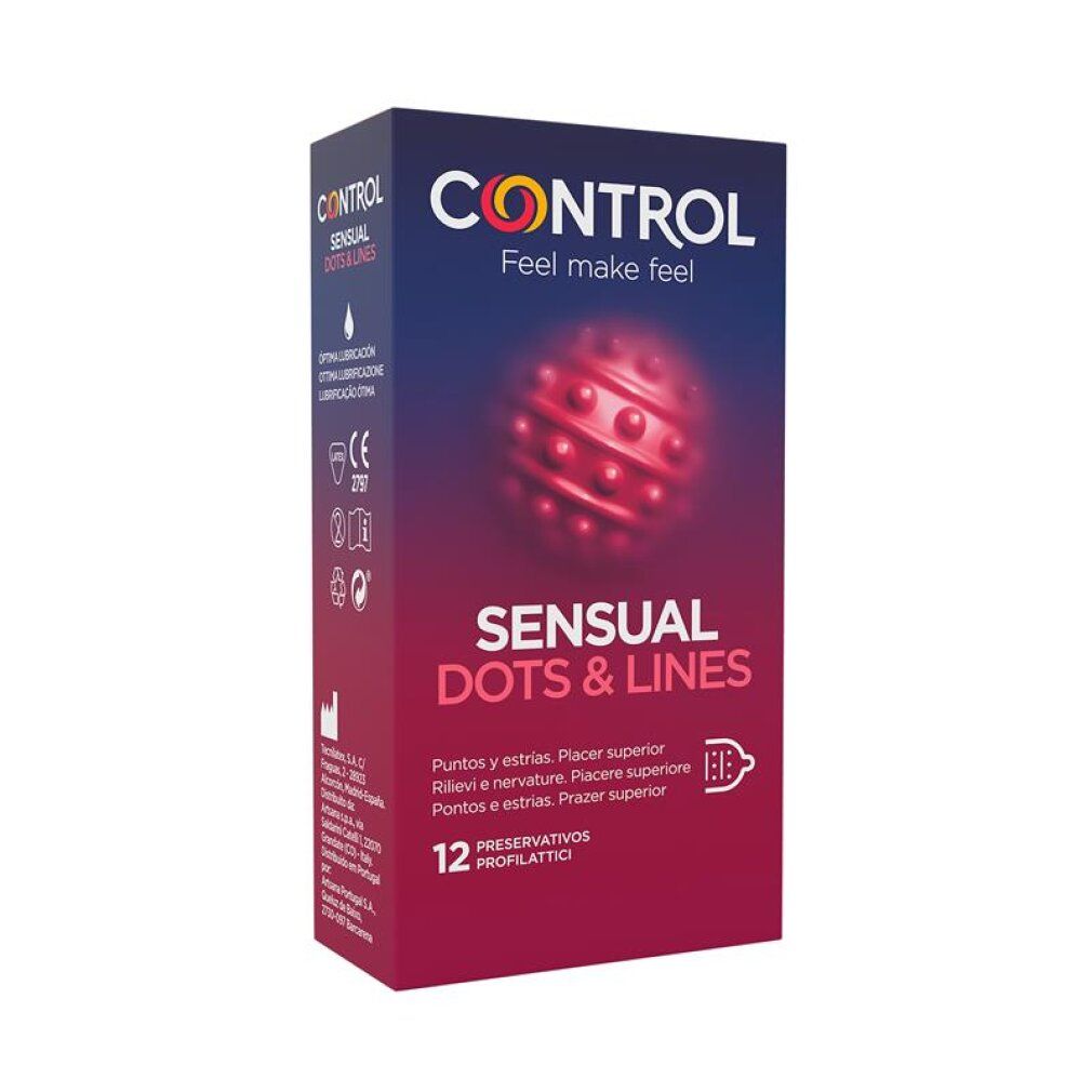 Control Sensual Dots & Lines condoomverpakking, 12 stuks. Toont een gestileerde rode bal met noppen.