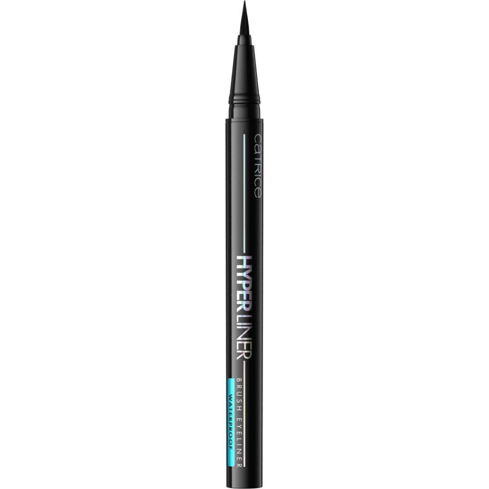Zwarte vloeibare eyeliner pen met fijne punt. Opschriften: CATRICE HYPER LINER WATERPROOF BRUSH EYELINER.