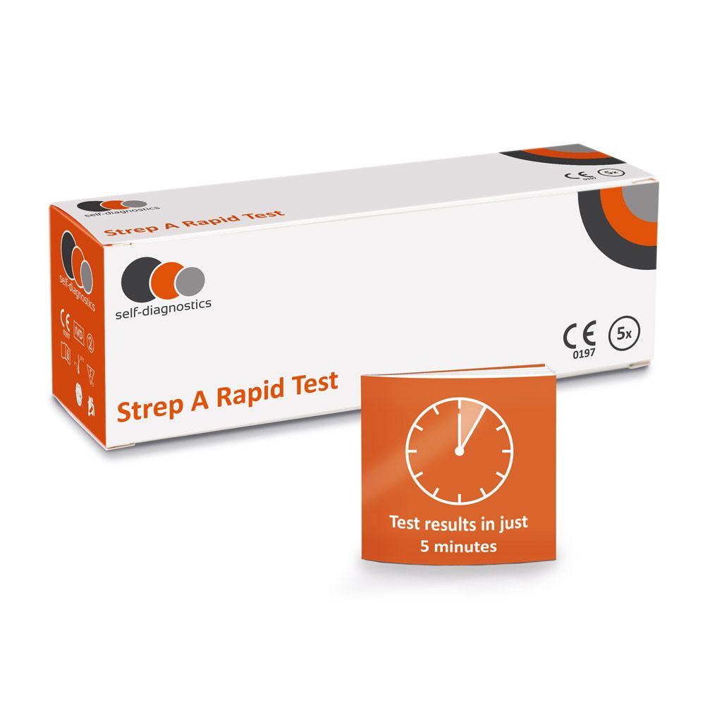 Verpakking met testkit en aparte kaart. Tekst: Testresultaten in 5 minuten. Logo.