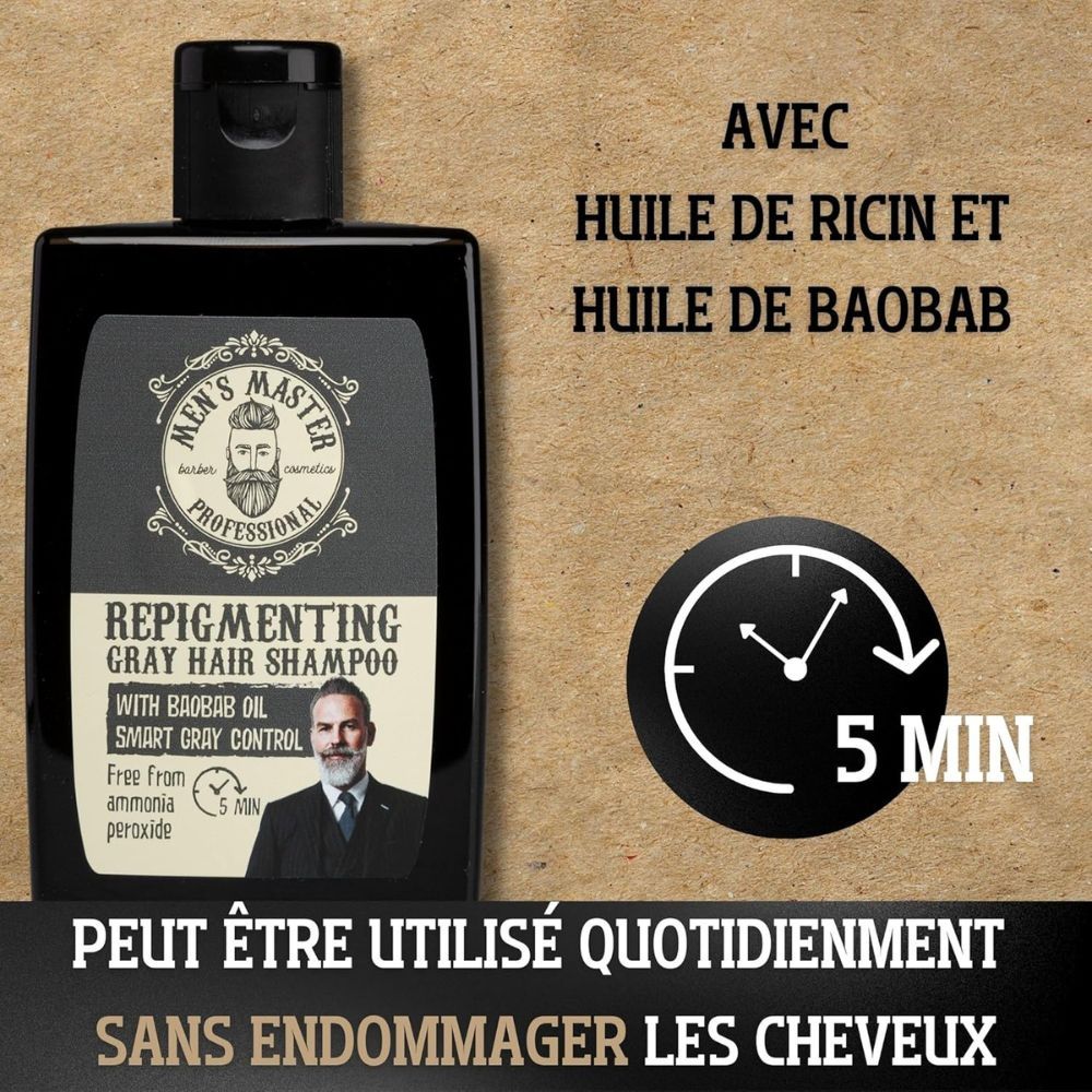 Flacon de produit avec texte et horloge. Texte : Avec huile de ricin et huile de baobab. Peut être utilisé quotidiennement sans abîmer les cheveux.