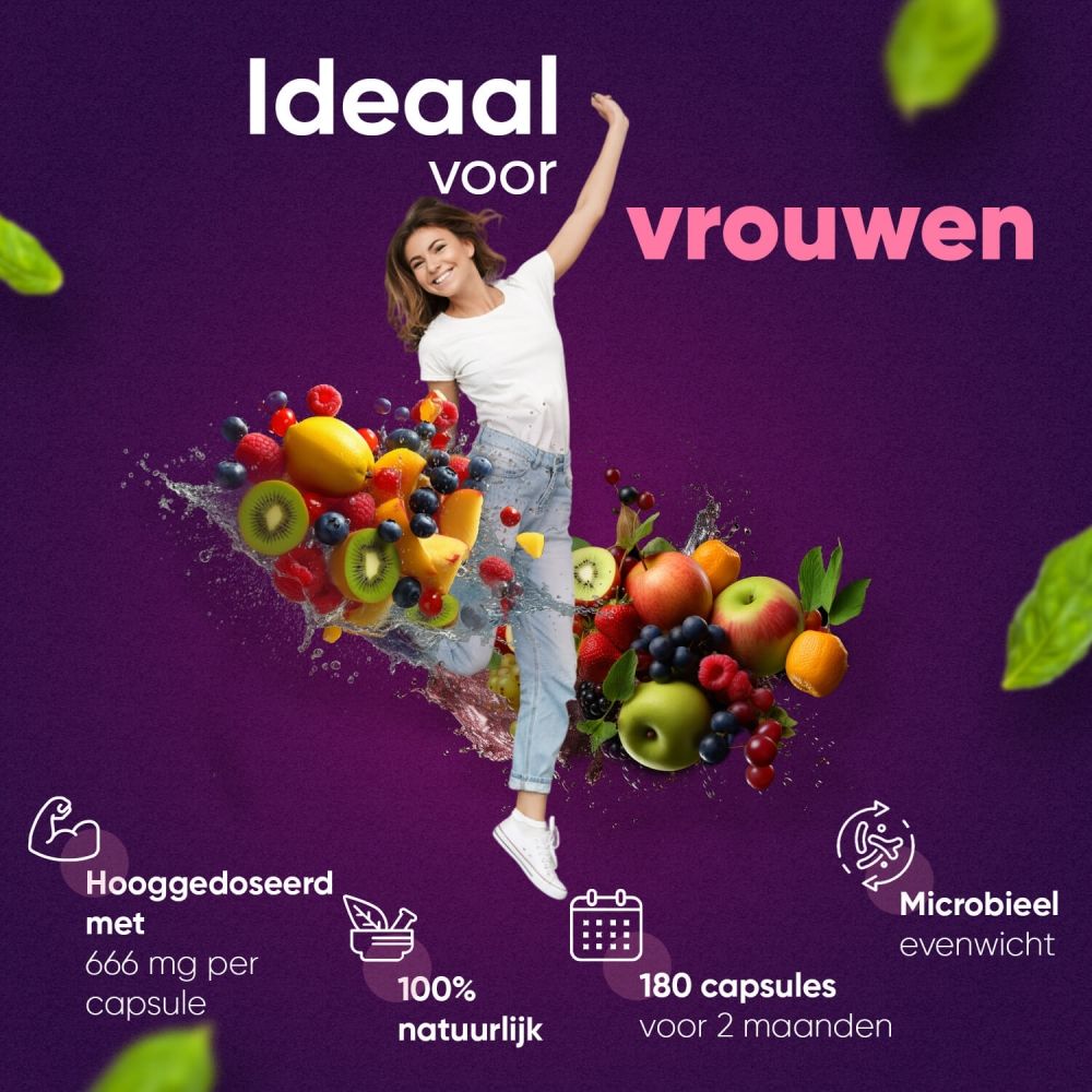 Vrouw met fruit. Tekst: Ideaal voor vrouwen. 180 capsules, 100% natuurlijk, 666mg per capsule.