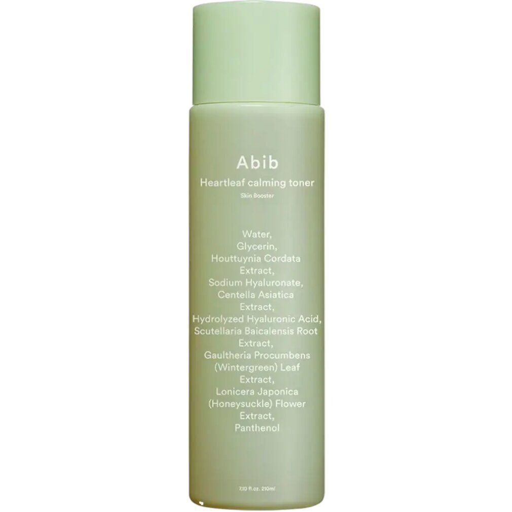 Abib Heartleaf toner apaisant, 200ml. Flacon vert avec étiquette blanche listant les ingrédients.