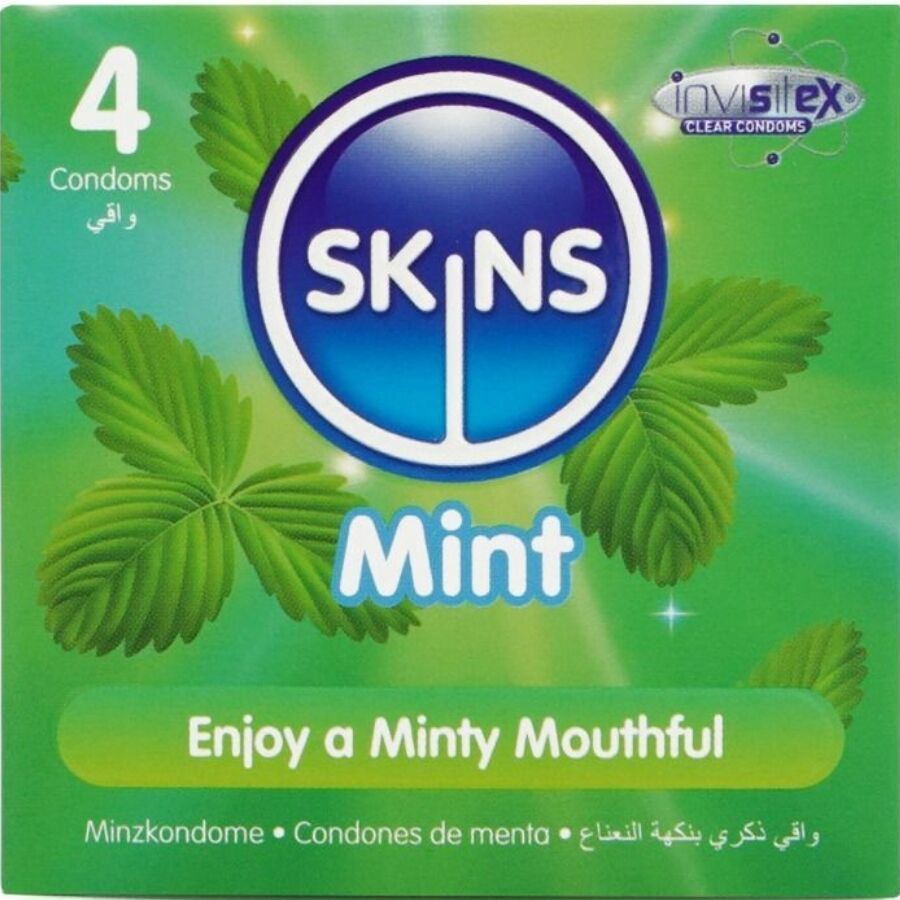 Verpakking met 4 condooms. Tekst: SKINS Mint. Afbeelding van muntbladeren. Extra info: No Latex Smell, Clear Condoms, Extra Lubicated.