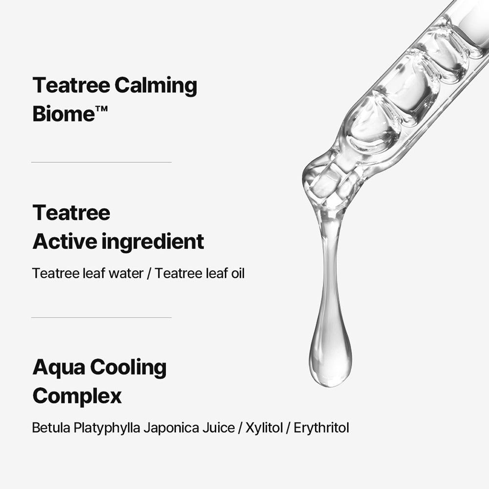 Gouttes de liquide, avec texte "Teatree Calming Biome" et "Teatree Active ingredient".