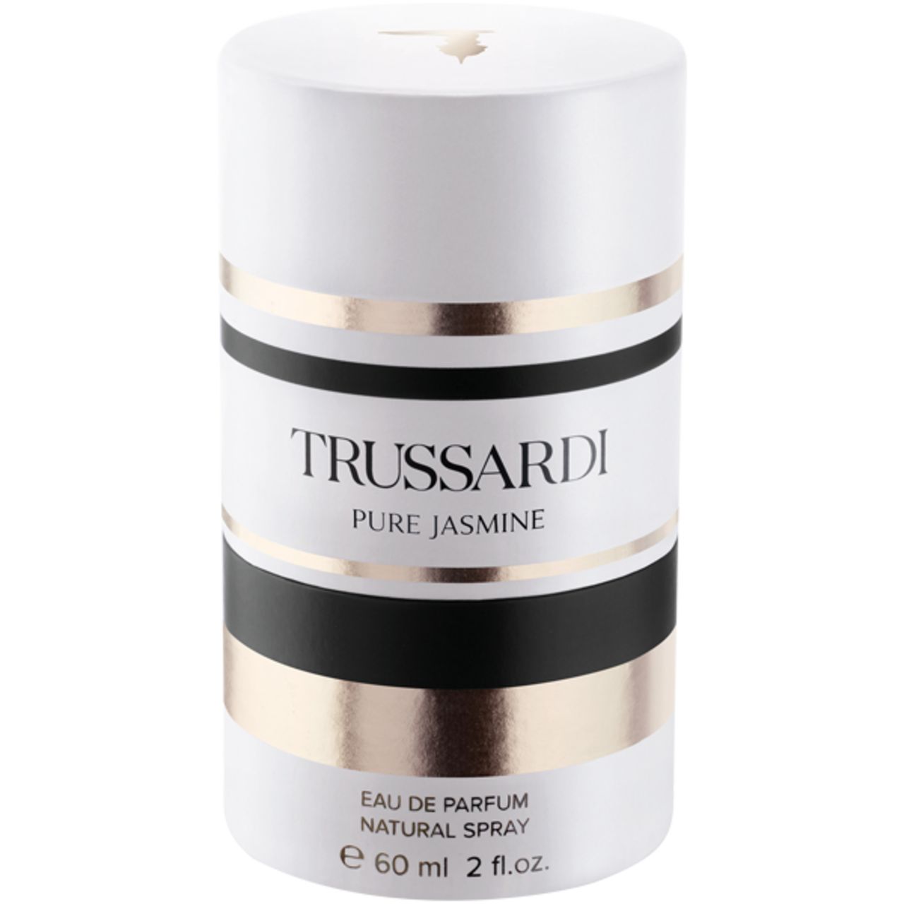 Cilindrische verpakking. Wit, goud en zwart. Opschrift: Trussardi Pure Jasmine. Eau de Parfum Spray. 60 ml.