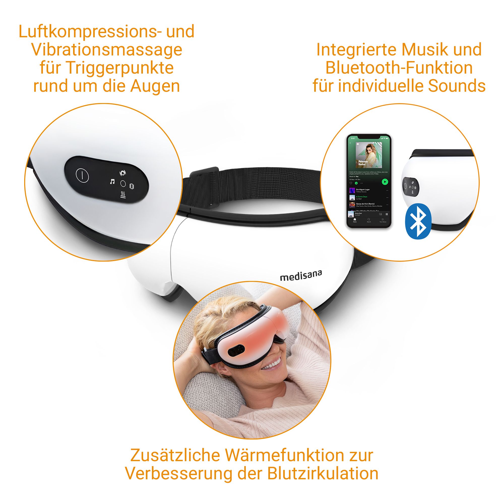 Medisana oogmassageapparaat met details: luchtdruk, vibratie, muziekfunctie, warmte.