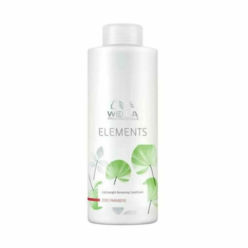 Flacon blanc avec motif de feuilles vertes. Inscription: ELEMENTS, Lightweight Renewing Conditioner, Zero Parabens.