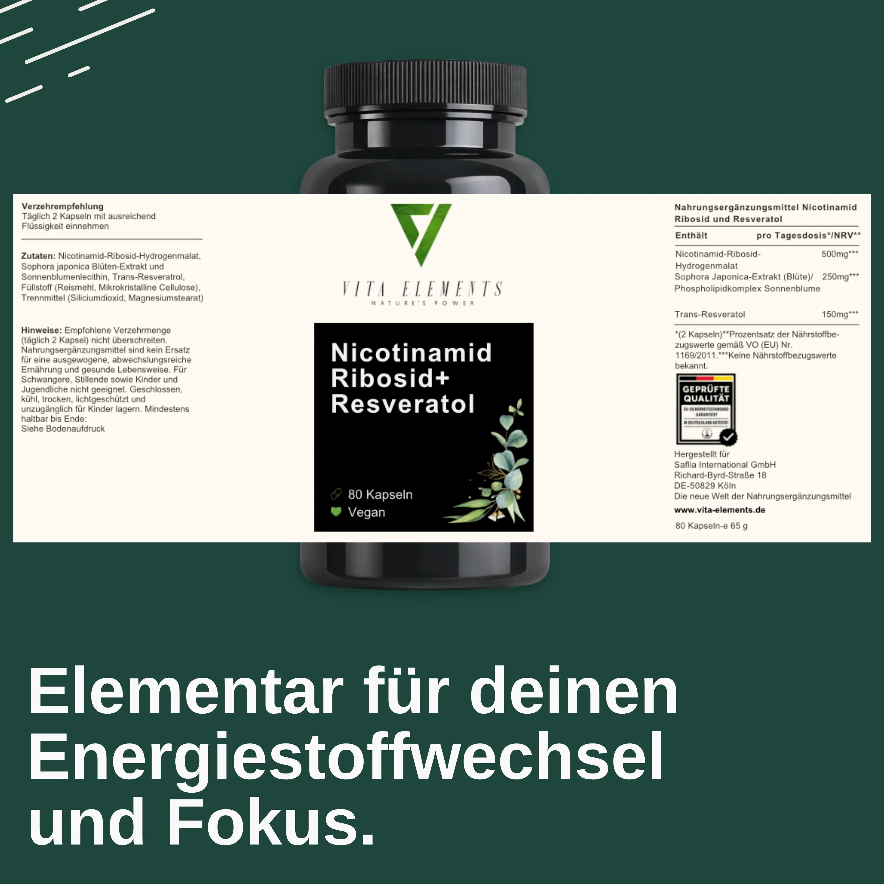 Arrière de la boîte Vita Elements Nicotinamide Riboside+ Resveratrol. Texte : Essentiel pour le métabolisme énergétique.