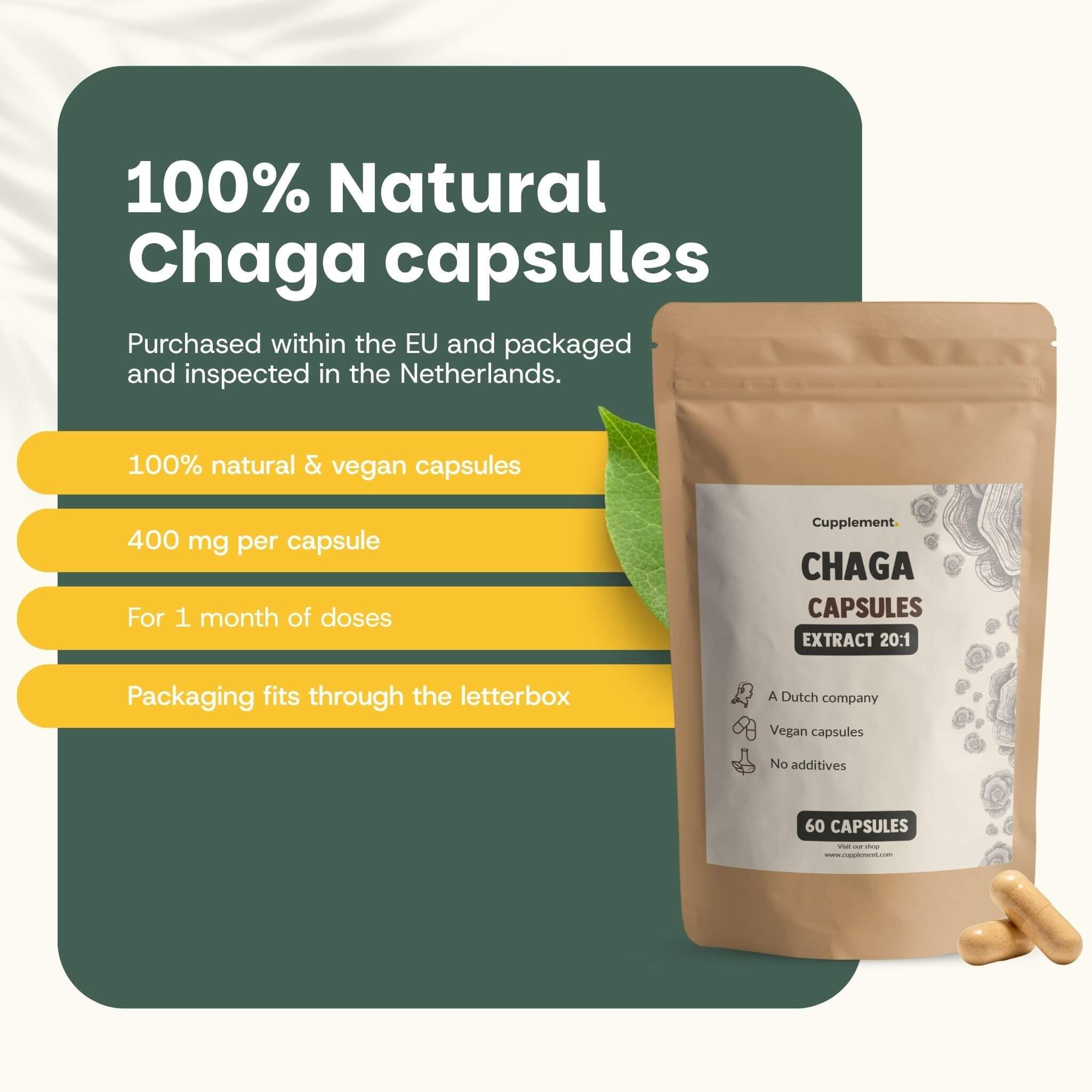 Sachet de gélules de chaga. Texte : 100% gélules naturelles et végétaliennes, 400 mg par gélule, pour 1 mois de doses.