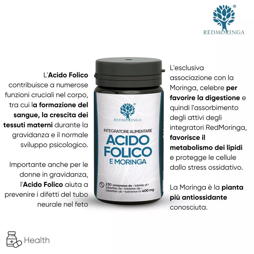 Infographie textuelle. Flacon d'Acido Folico e Moringa. Texte sur l'acide folique et le moringa.