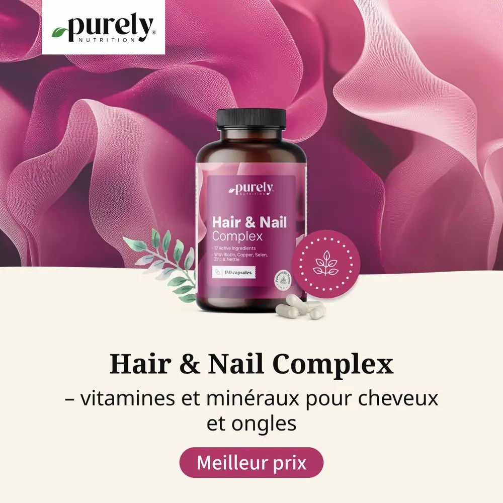 Bouteille de Purely Hair & Nail Complex 100 capsules, avec trois capsules à côté.