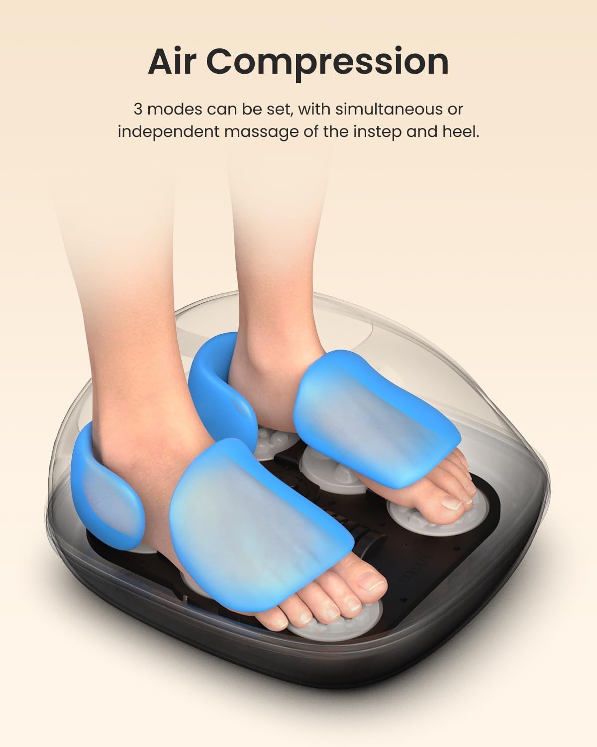 Voetmassager met luchtdruk voor wreef en hiel, gelijktijdig of onafhankelijk.