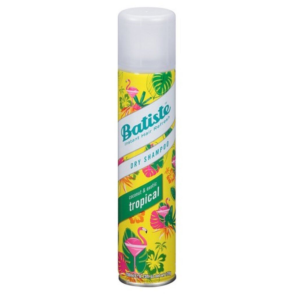 Batiste Droogshampoo Tropical. Gele spuitbus met tropische patronen, flamingo's en bladeren.