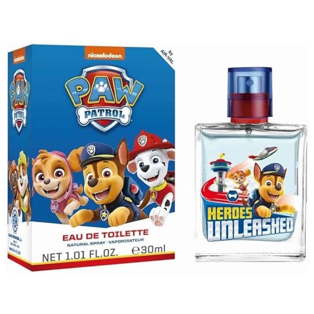 Emballage et flacon. Emballage avec personnages Paw Patrol et texte. Flacon avec motif Paw Patrol et 'Heroes Unleashed'.