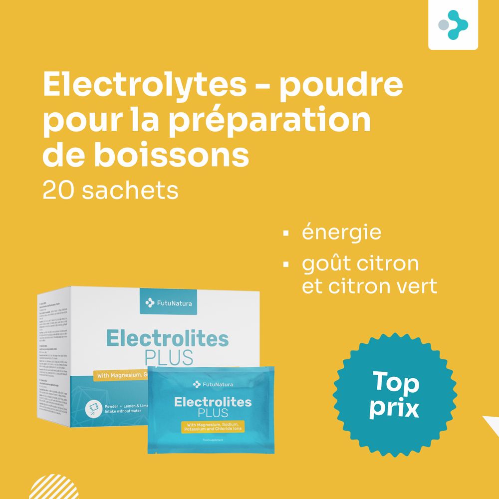 FutuNatura Electrolytes Plus. 20 sachets. Fond jaune. Texte: Poudre pour la préparation de boissons. Énergie, goût citron et citron vert. Top prix.