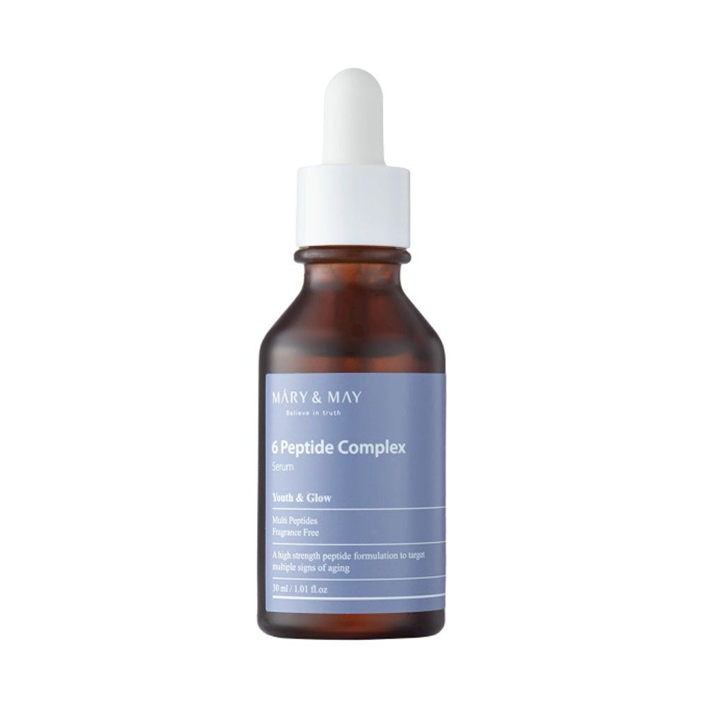 Bruine glazen fles met witte druppelaar. Opschrift: MARY & MAY, 6 Peptide Complex Serum. Blauw etiket met tekst.
