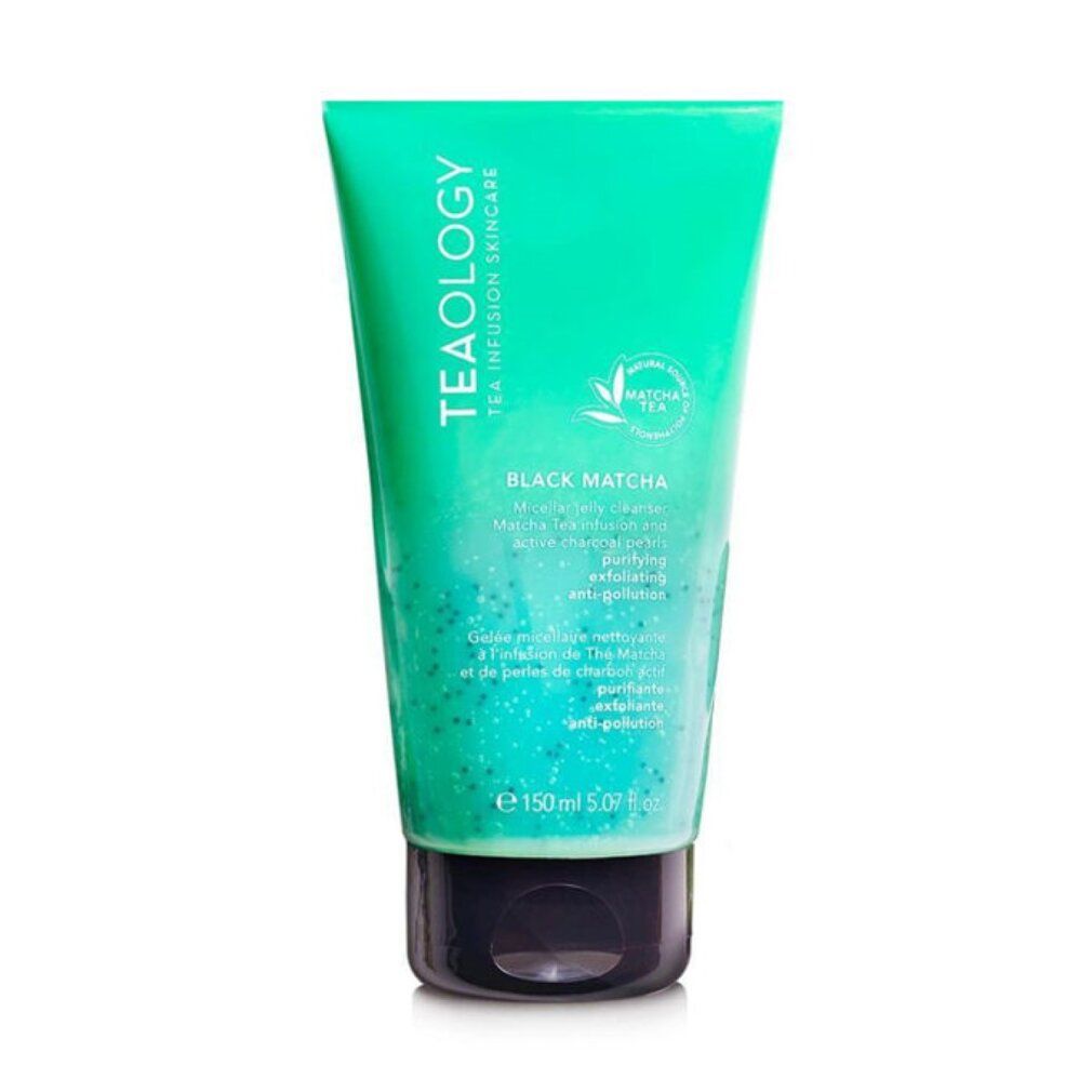 Tube vert avec bouchon noir. Inscription: Teaology, Black Matcha, Micellar Jelly Cleanser. Avec thé matcha et perles de charbon actif.