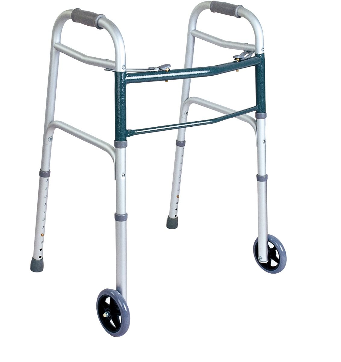 Rollator met twee wielen en twee punten. Zilverkleurig metalen frame met zwarte handgrepen en wielen. In hoogte verstelbaar.