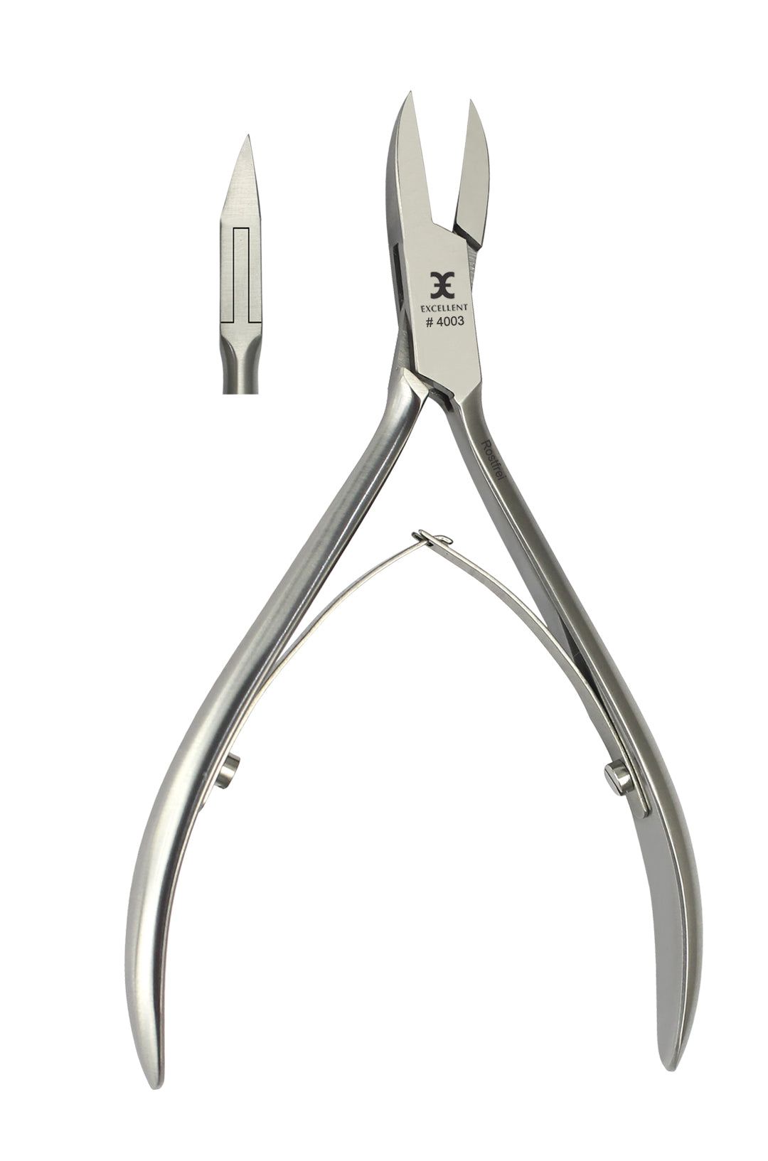 Zilverkleurige nageltang met spitse snede. Zijaanzicht van de snede. Merk: Excellent, model #4003.