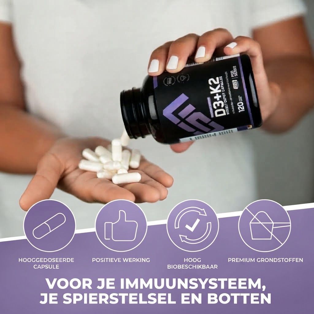 Handen die ESN Vitamine D3+K2 capsules uit een pot schenken. Iconen: Hoge dosis, positieve werking, biologische beschikbaarheid, premium grondstoffen.