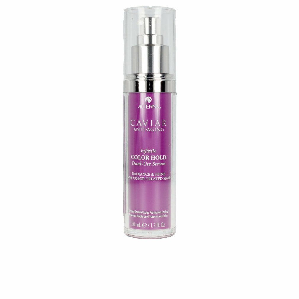 Serumfles met zilveren pomp en paarse vloeistof. Opschrift: Caviar Anti-Aging, Infinite Color Hold Dual-Use Serum.