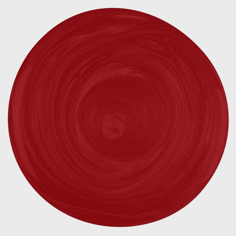 Vernis à ongles rouge appliqué en cercle. Teinte: Strawberry Fizz. Pas d'emballage ni de flacon visible.