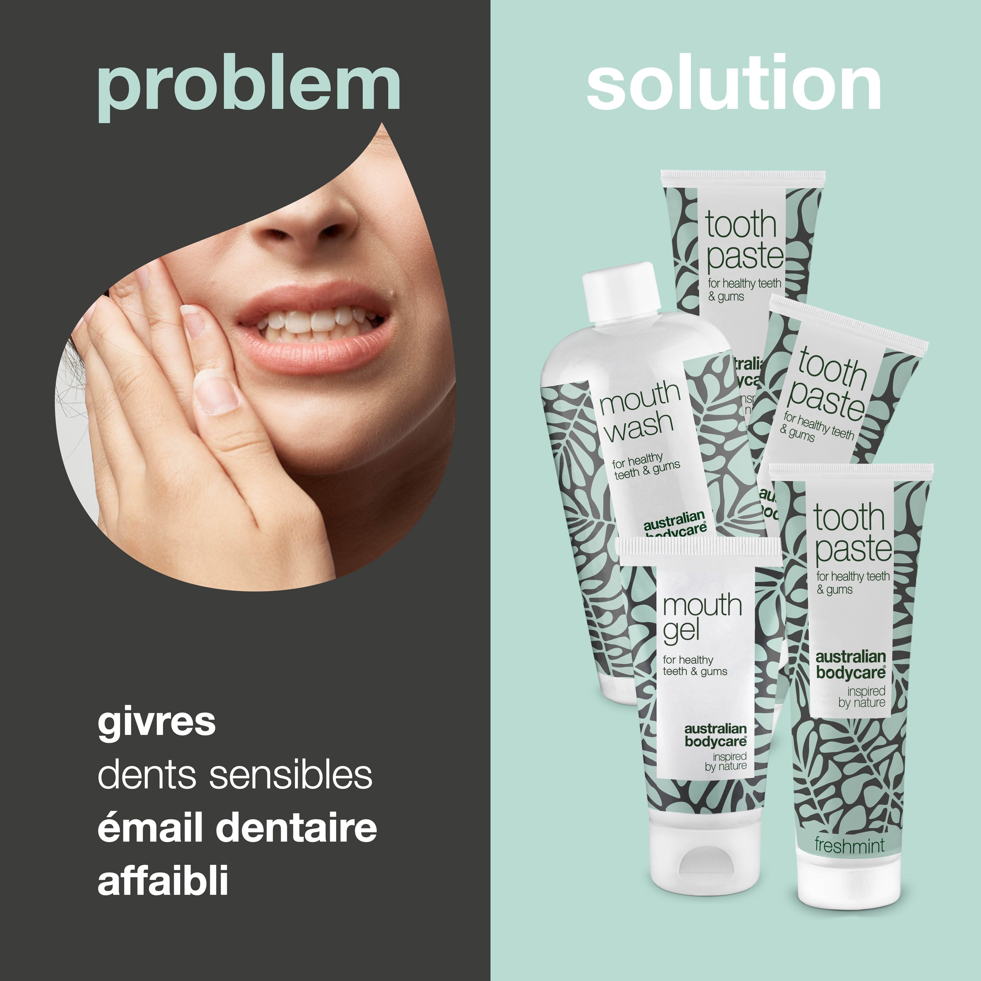 Comparaison : problème et solution. Produits : dentifrice, bain de bouche, gel buccal. Texte: Australian Bodycare.