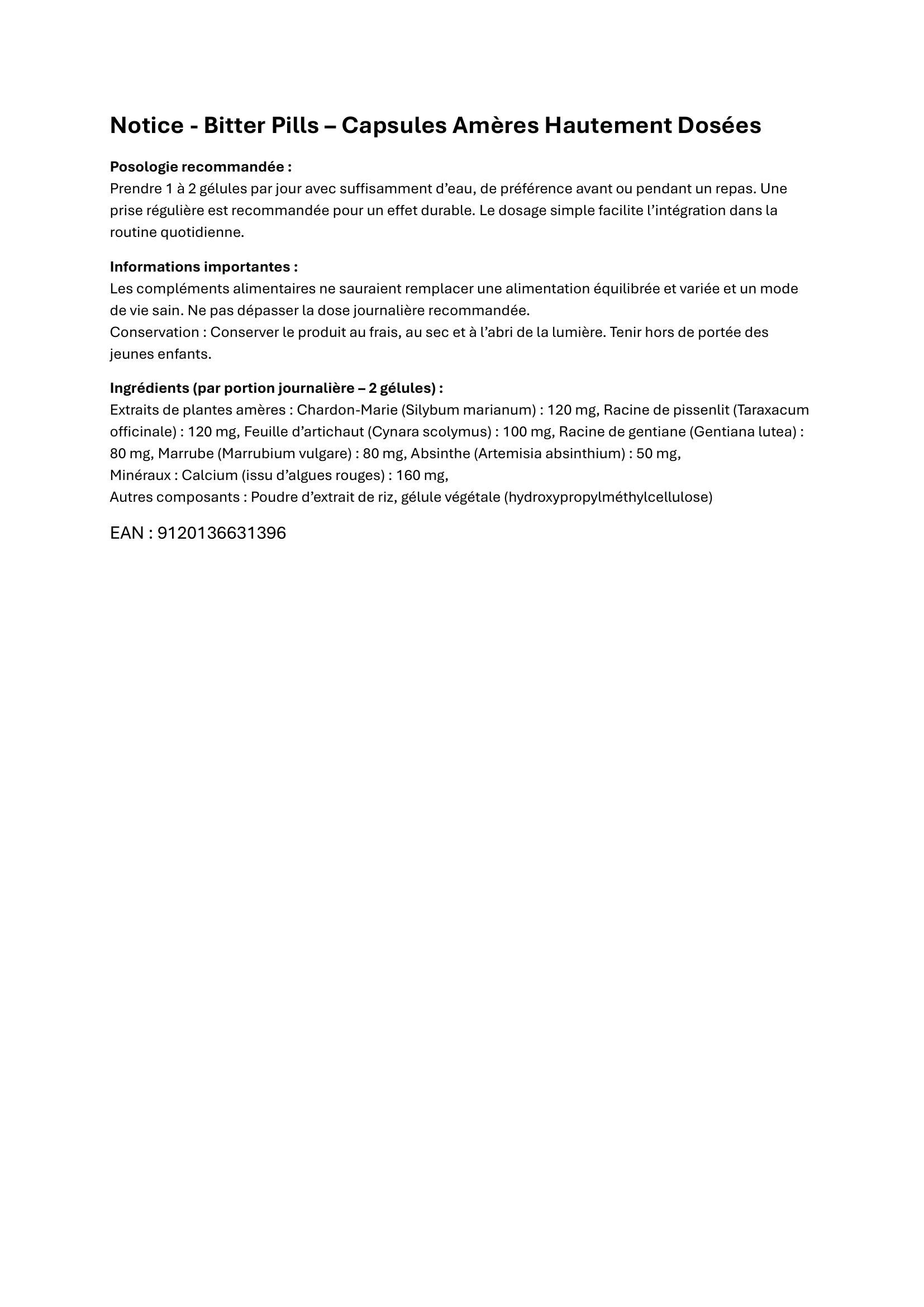 Notice. Posologie : 1-2 gélules par jour. Ingrédients. EAN : 9120136631396.