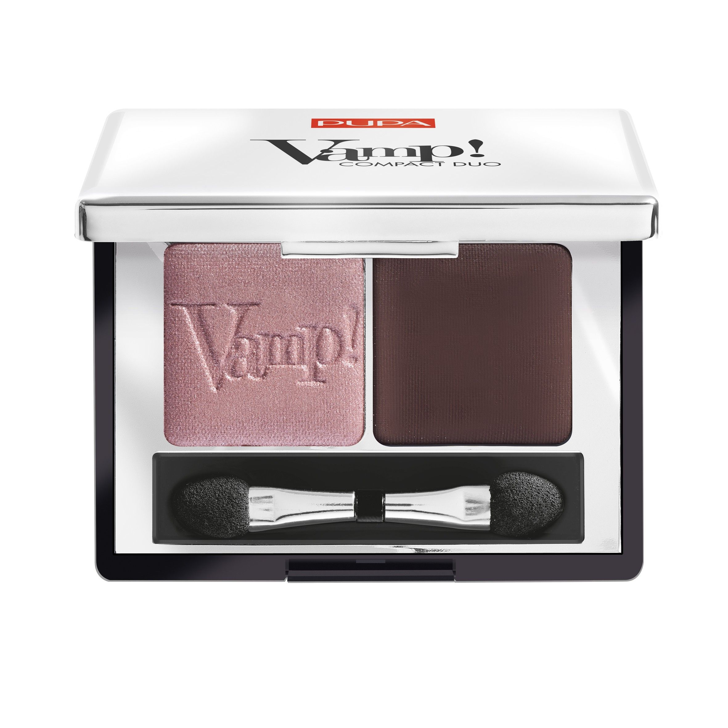 Compact oogschaduw duo met een lichtroze en een bruine tint. Bevat een applicator.